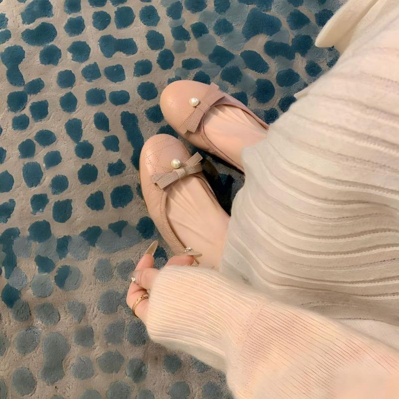 Schafslederversion~ Zarte Schleife Perle helle Mundleder Ballerinas Damen Frühling und Herbst Flats Mary Jane Schuhe