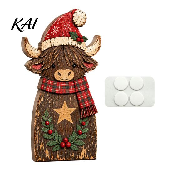 Farmhouse Holiday Gift Highland Cow Wooden Table Sign, Rustic Tiered Tray Centerpiece, 2D Flat Vintage Christmas Party Decor Tabletop Ornament