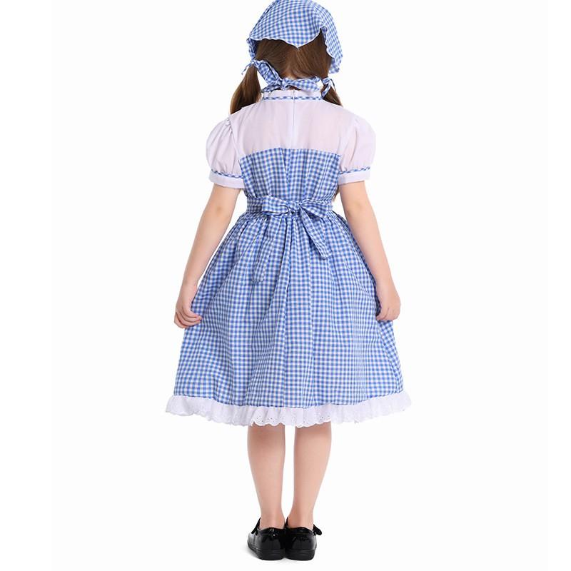 Blue Plaid Kids Dress With Headband Fairy Tale Cosplay Stage Performance Costume