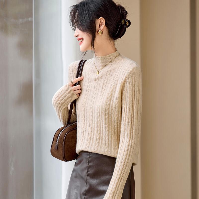 Srcr Women's 100% Cashmere Semi-High Collar Cable Knit Sweater