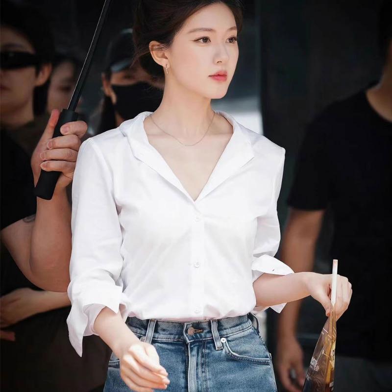 Womens White V Neck Long Sleeve Loose Elegant Commute Casual Shirt S белый