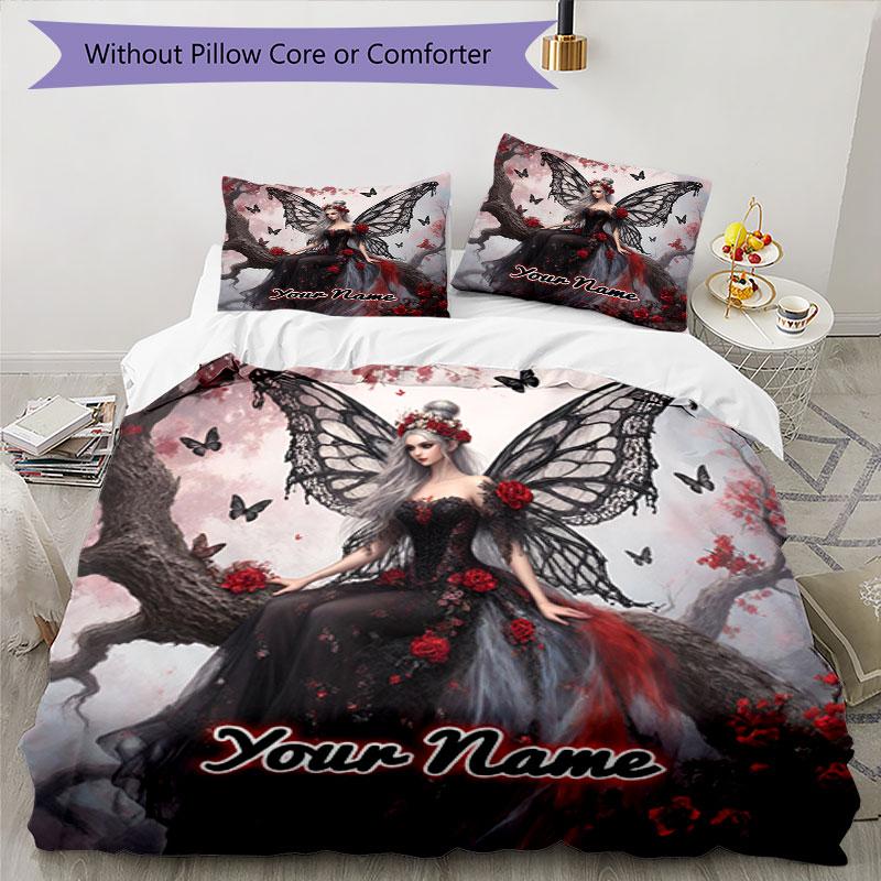 3PC Custom Name Fairy Dreams Black Bedding Set Printed Bedding Set Duvet Cover Closure Includes 1 Duvet Cover & 2 Pillowcases for All Seasons Bedroom
