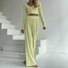 Causal Solid V Neck T-shirt Pants Suit Long Sleeve Crop Top Elastic Waist Wide Leg Pant Sets Spring Homewear Outfit