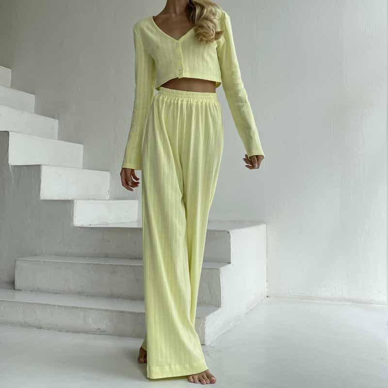 Causal Solid V Neck T-shirt Pants Suit Long Sleeve Crop Top Elastic Waist Wide Leg Pant Sets Spring Homewear Outfit