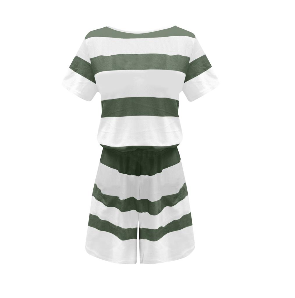 Women's Fashion Leisure Printed Loose Bandage Short Sleeve Button Jumpsuit