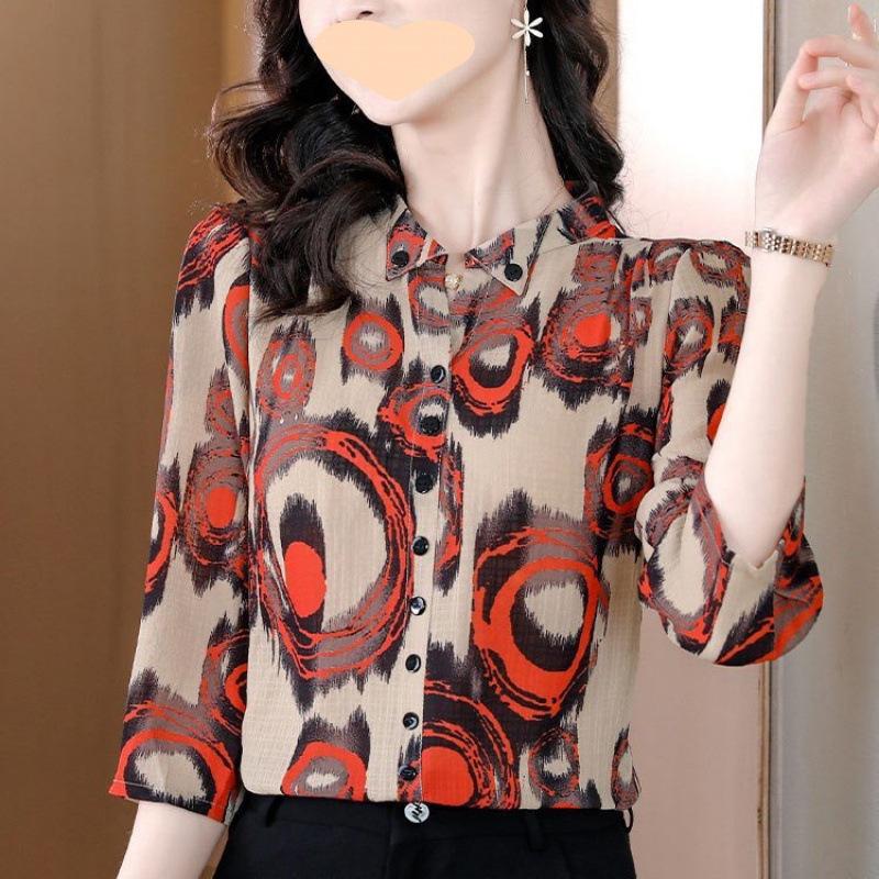 Woman Spring Summer Style Chiffon Blouses Shirts Lady Casual Stand Collar Half Sleeve Printed Blusas Tops