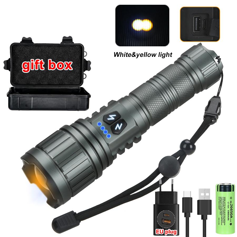 Newest White Laser Flashlight Use 26650 Battery Type-C Charging Zoom Tactical Torch Waterproof Camping Lantern with Power Displa