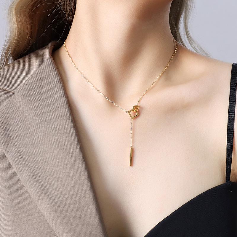 Minimalist Geometric Square Tassel Necklace - Titanium Steel Clavicle Chain, Style P819