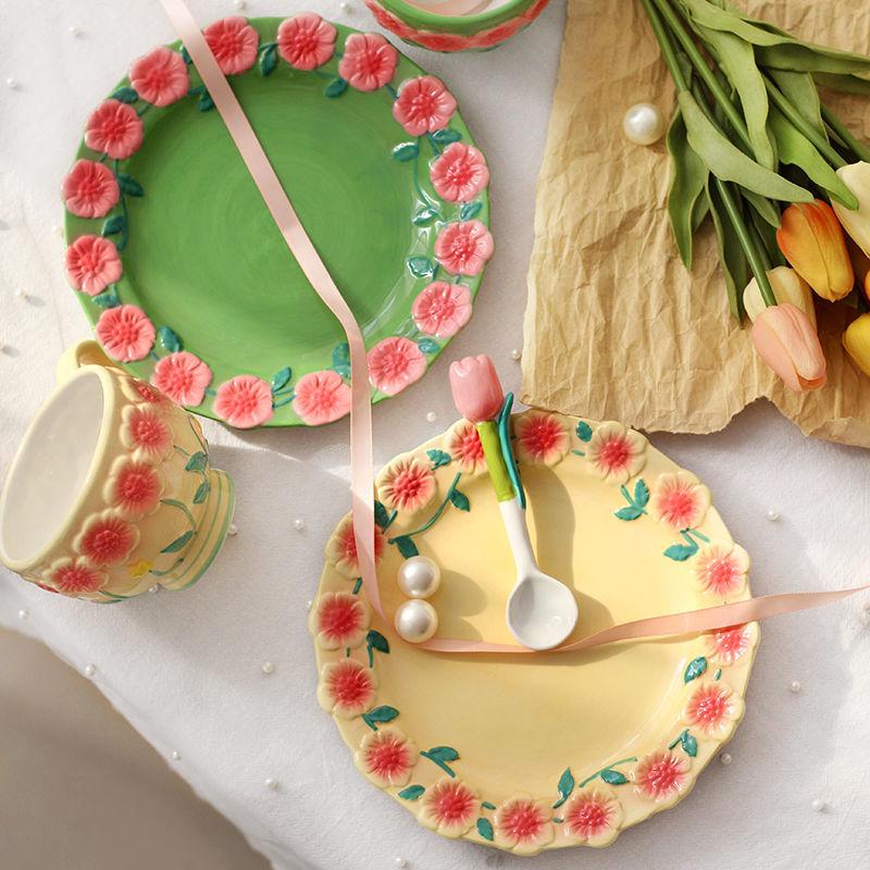 Flower Plate Embossed Small Flower Breakfast Dessert Plate Household Ceramic Plate Under Glaze Colored Hand-painted Tableware