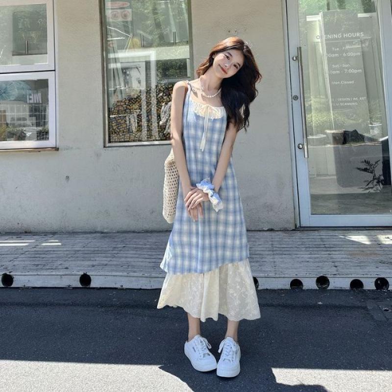 

Women s 2025 Summer Lace Patchwork Plaid Sling Dress: Fresh, Loose, Slimming Faux Two-Piece Small