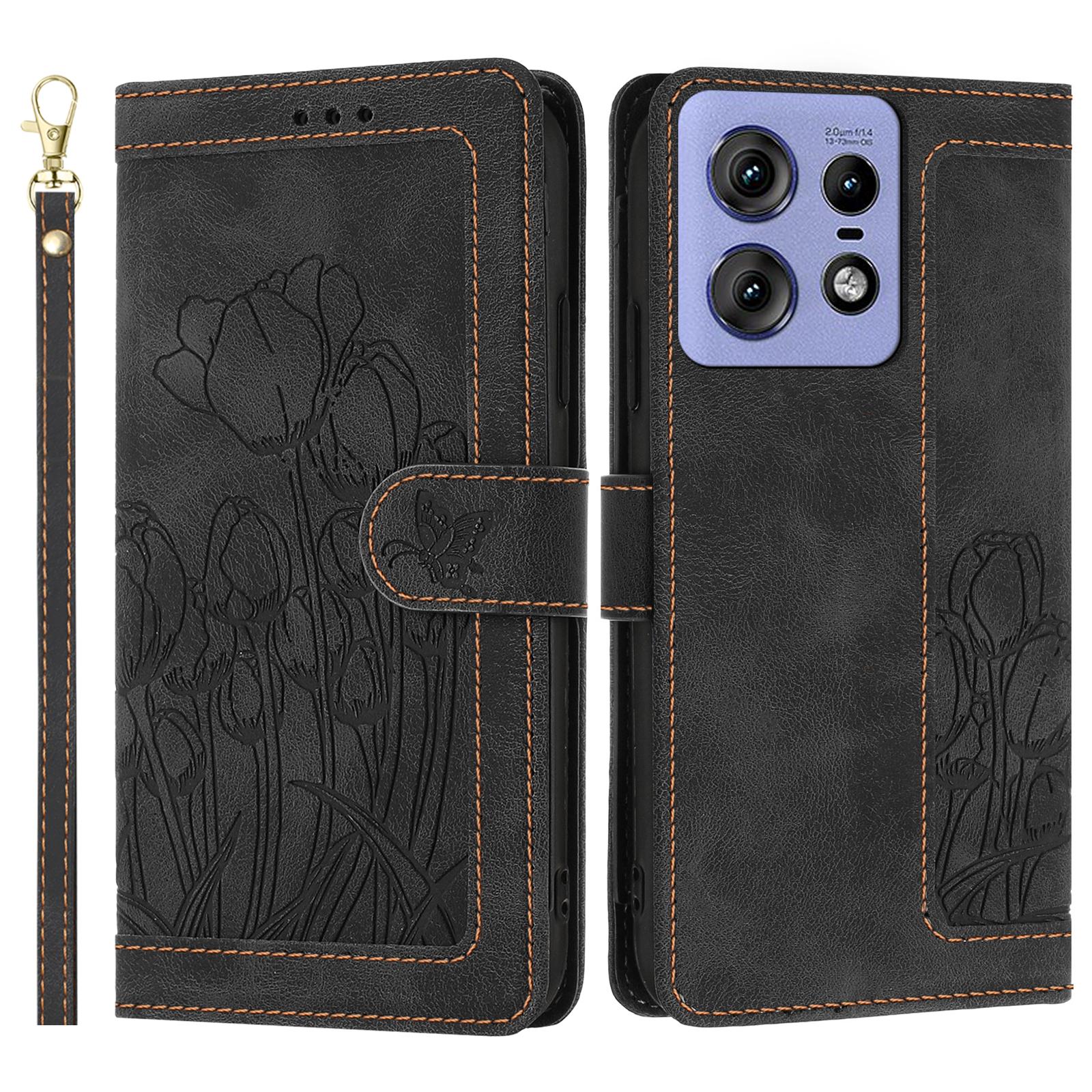 

For Motorola Edge 50 5G Tulip Leather Case Phone Cover with 5 Card Slots Wallet Black