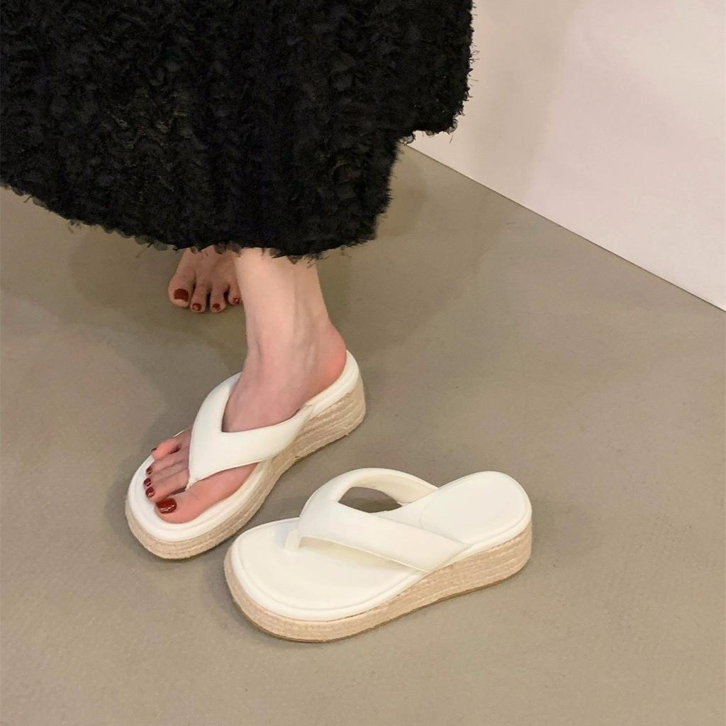 Wedge heel heel heightened pinch flip-flop shoes women's shoes wear straw platform shoes high heel sandals