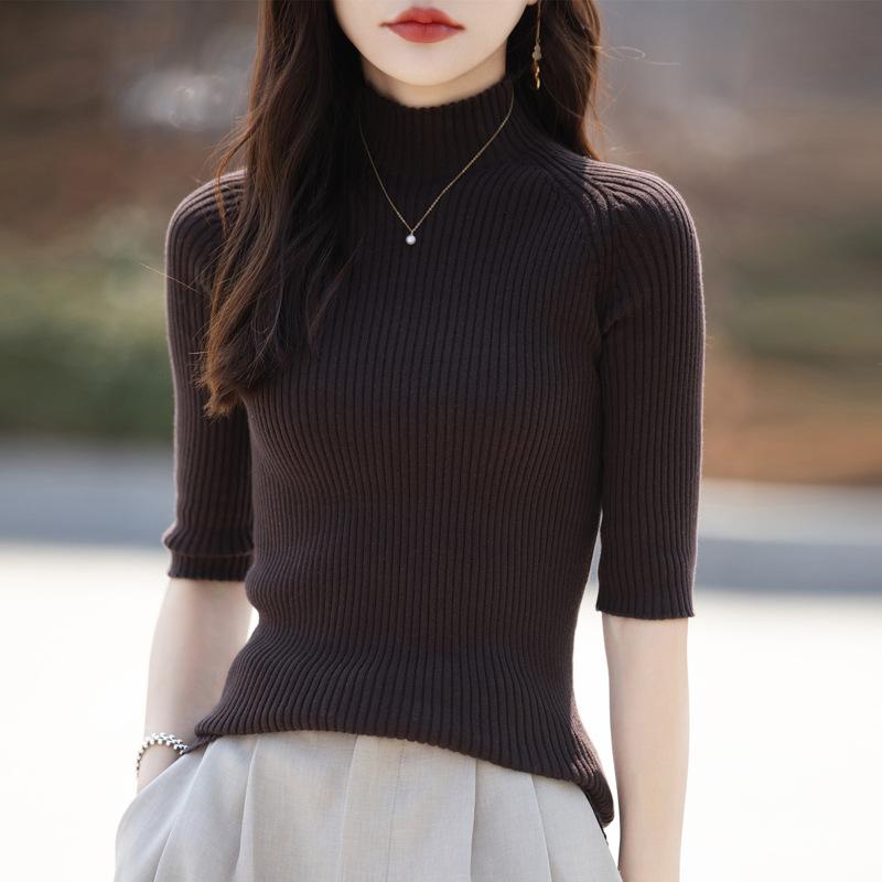 Korean Pure Cotton Mid-sleeved Sweater for Women's Summer Half-high Neck Thin Top Slim and Slim Inner Pullover Simple Half-sleeved