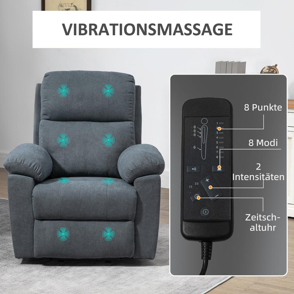 Massage Chair with Lift Assist, Chair with Stand-up Aid, 8 Vibration Motors, Incl. Remote Control, Grey