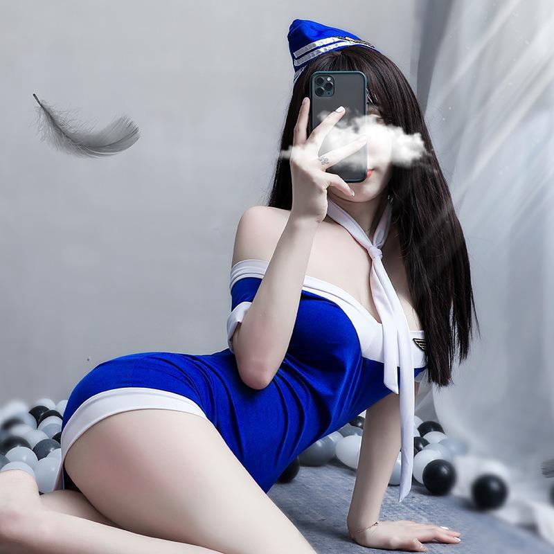 Sexy lingerie stewardess uniform cosplay shoulder seduction crotch passion suit perspective nightclub girl