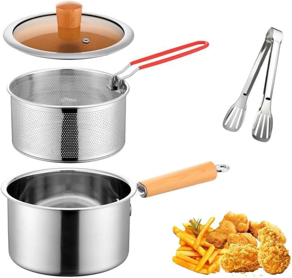 Steel Deep Fryer Pot With Fry Basket for 1-2 person, 2.5L Small Capacity Deep Fryer with Lid, Stock Pot,Stove To