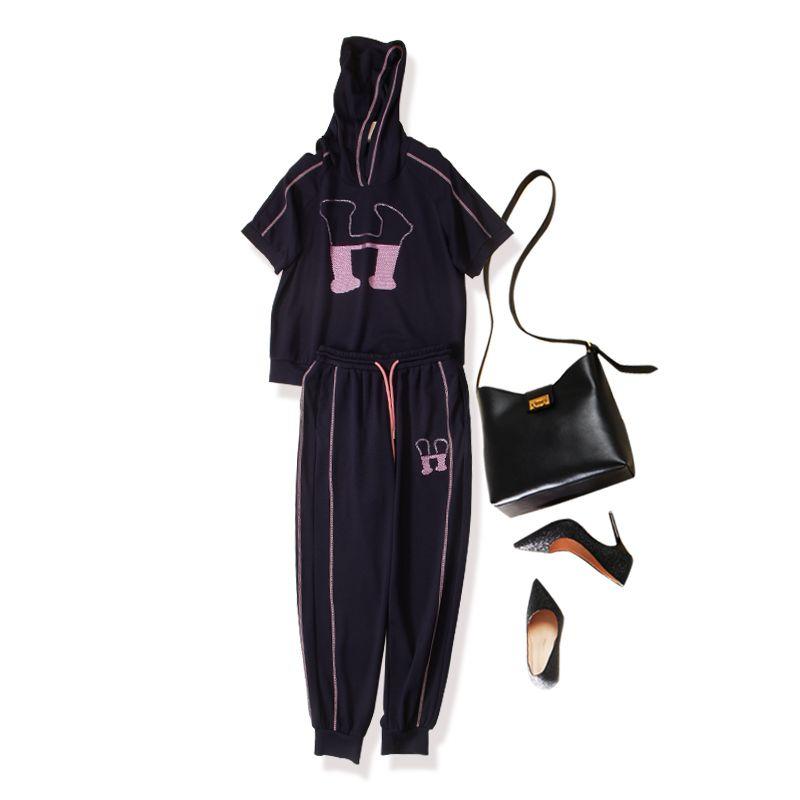 

65 Real Silk Cotton Two-piece Set Female Summer! Knock out Hooded Open Line Water Soluble Drill Beaded Short Sleeve Hoodie T-shirt + Baggy Pants Blue XL