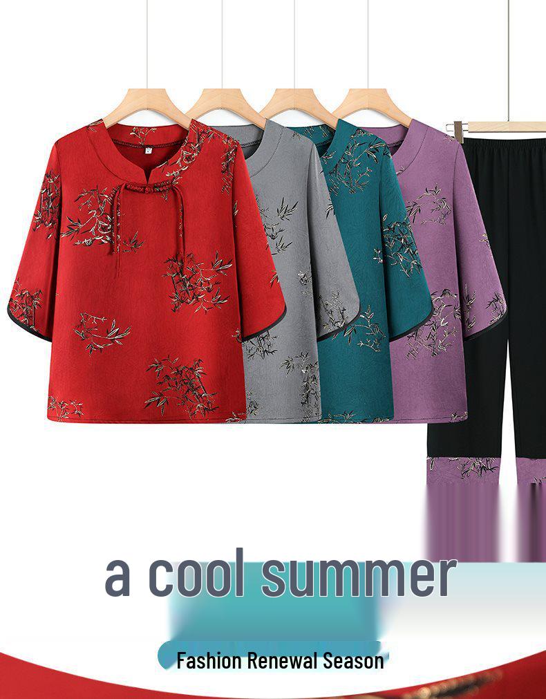 Chinese Style Summer Two-Piece Set: Short-Sleeved Outfit for Middle-Aged & Elderly Women