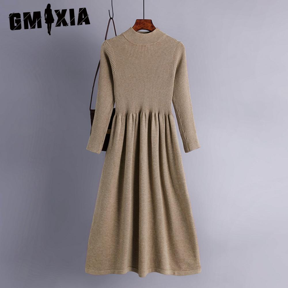 GMXIA Moda dama primavara toamna imprimeu culoare solida maneca lunga talie inalta rochii casual