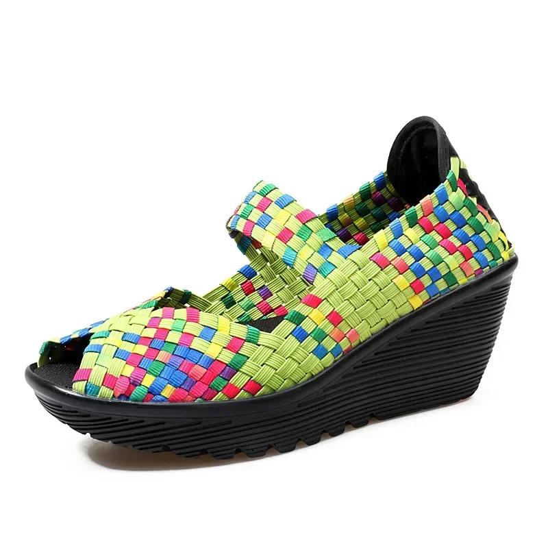 Keilabsatz-Plateau-Websandalen Mode Peep Toe Bequem Atmungsaktiv Mama-Schuhe Damen Casual Dicke Sohle Sandalias Mujer 2024
