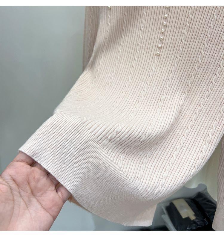 Lace Turtleneck Pearl Sweater: Long Sleeve Petite Knitwear for Autumn/Winter Women