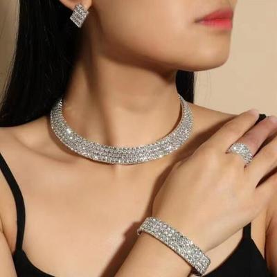 Earring Earring Necklace Set Sparking Collar Chain Elegant Crystal Jewelry Set  Women