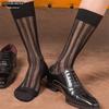 Men's Mid-Calf Formal Silk Stockings with Thick Stripes and Leather Base