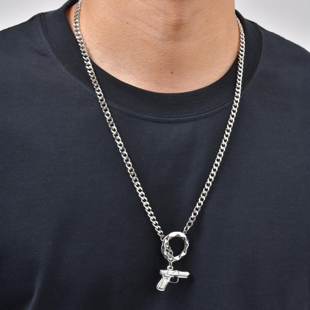 Vnox Personality Men's Pistol Pendant Necklace, Sliver Color Stainless Steel Link Chain, Hip Hop Rock Gun Necklace for Teen Boys