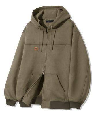 Trillion Leather Patch Suede Work Zip-Up Hoodie_Khaki