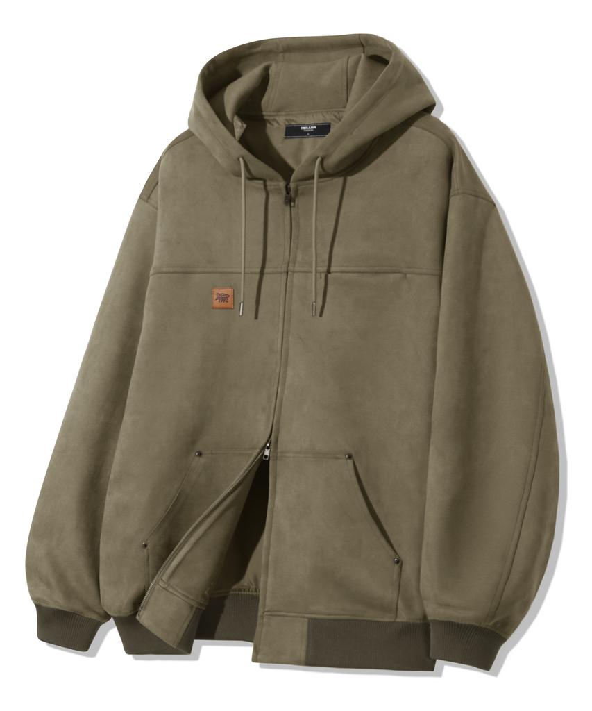 Trillion Leather Patch Suede Work Zip-Up Hoodie_Khaki