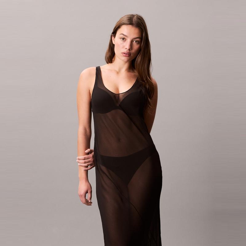 Calvin Klein Ss25 V-Neck Casual Comfortable Simple Sleeveless Nightgown Women Nightgown Space-Black QS7359