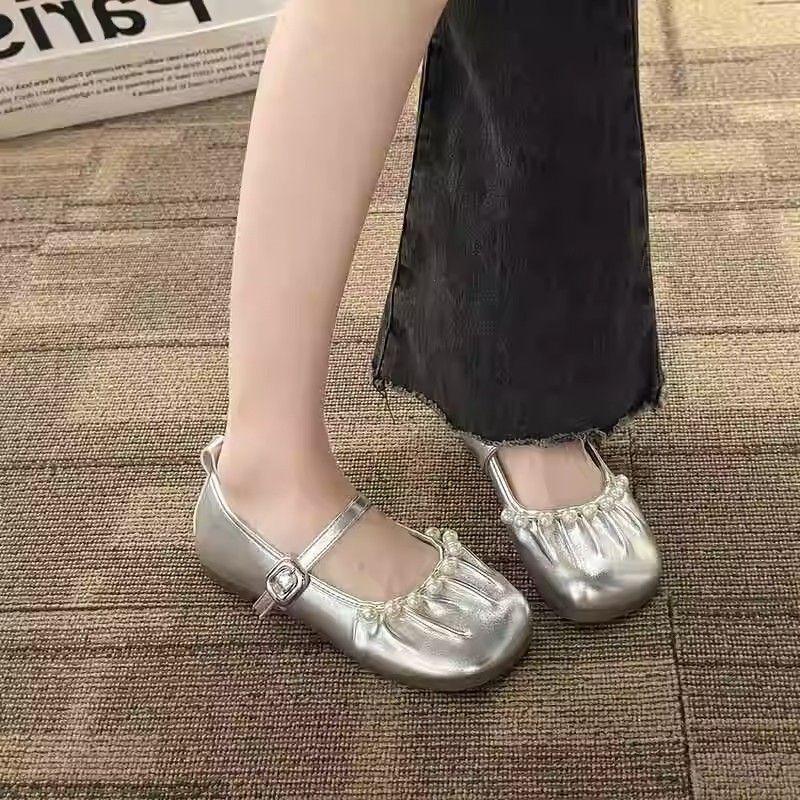 Ladies Footwear Low Heel Elegant Pearl Silver Square Toe Women's Flat Shoes Beau Today Price on Sale High Quality Fashion Dress
