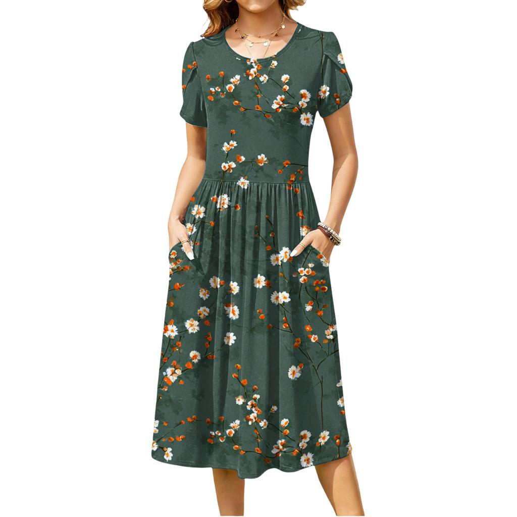 Women's Fashion Casual Loose Floral Print Round Neck Pocket Short Sleeve Dress