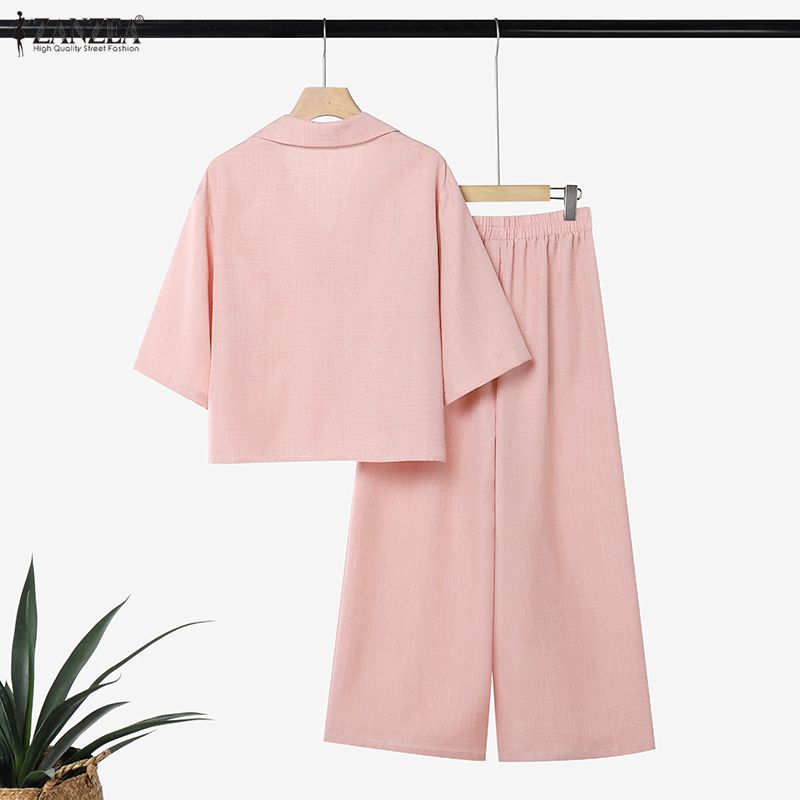 ZANZEA Women Casual Two Piece Set 3/4 Sleeve Button Up Shirt and Wide Leg Long Pants Loose Matching Outfits