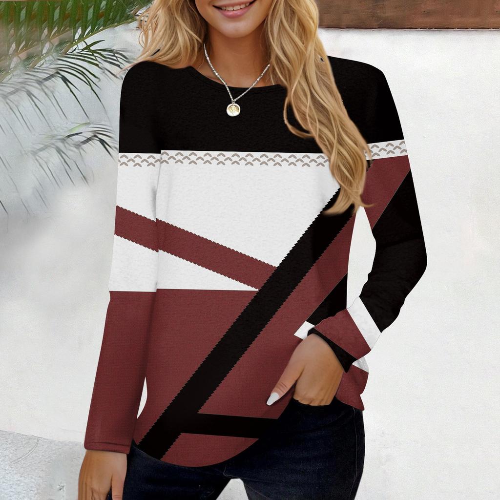 Women's Fashionable Casual Long Sleeved Printed Round Neck T-shirt Top