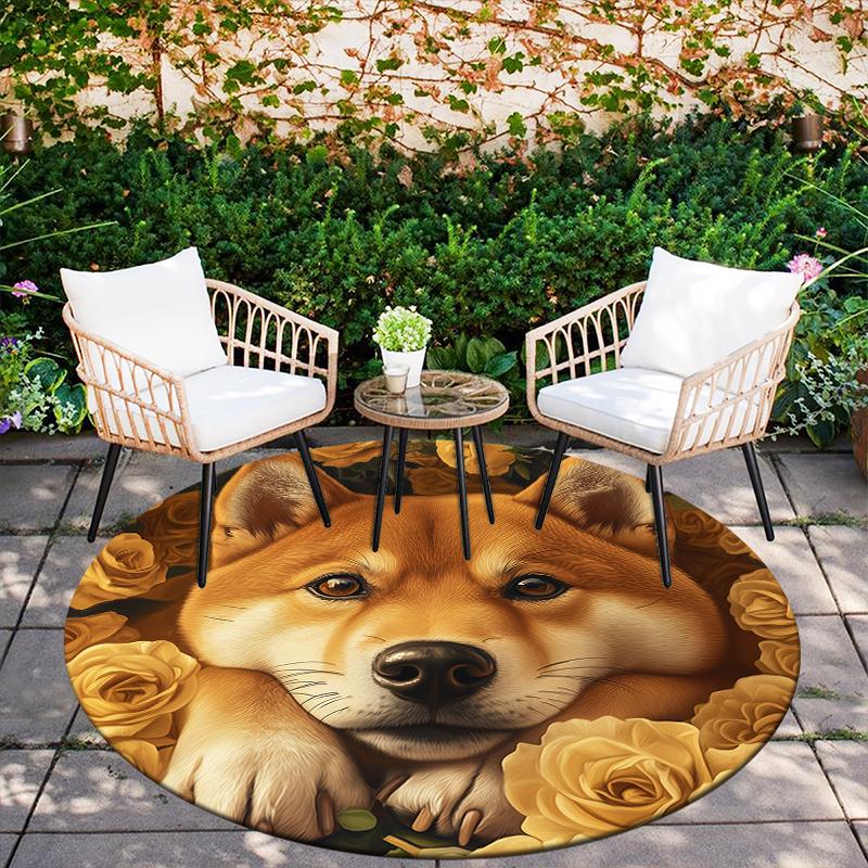 Shiba Inu and rose pattern round rug,Carpet Rug for Living Room Bedroom  Playroom ,Non-slip Floor Mat,Holiday Gifts and Birthday Gifts.