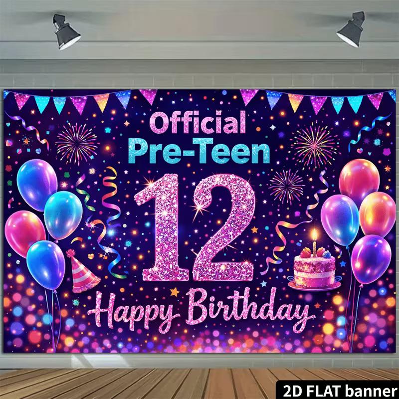 2D Flat Glitter 12th Birthday Banner Colorful Neon & Confetti Themed Backdrop