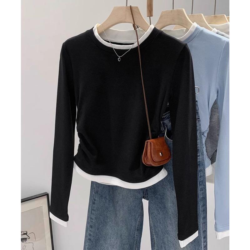 

Spring new round neck contrasting fake two pieces pleated and thin irregular long sleeves women s small people are trendy and cool L чорний
