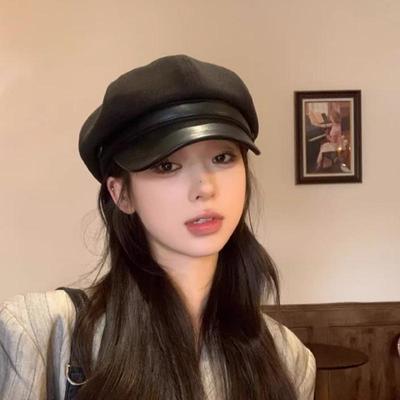 2025 New Women's Octagonal Duckbill Beret – Black, Large Head Fit, Artistic Autumn/Winter Trend, Small Face Painter Style