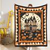 Halloween Throw Blanket - Spooky Mansion, Jack-O'-Lanterns & Bats Design In Black, Orange
