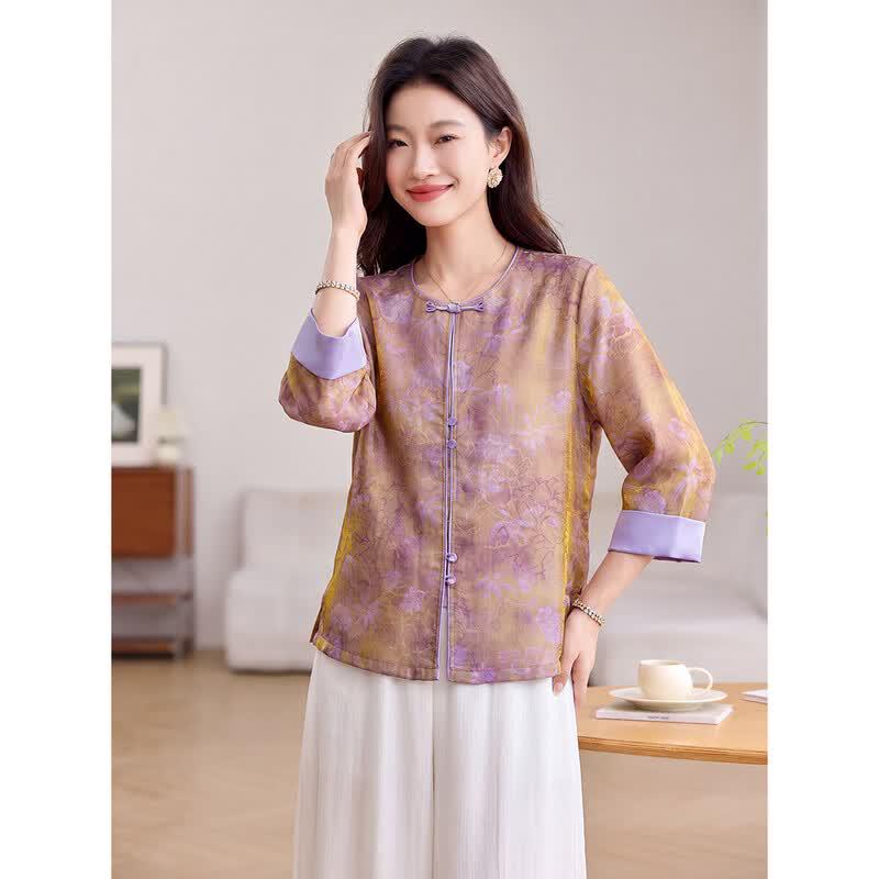 New Chinese Style Printed Round Neck Blouse