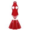 Body da donna in vernice per clubwear con scollo all'americana, stile senza cavallo, gonna a balze attaccata, dettaglio con cerniera, outfit da sera