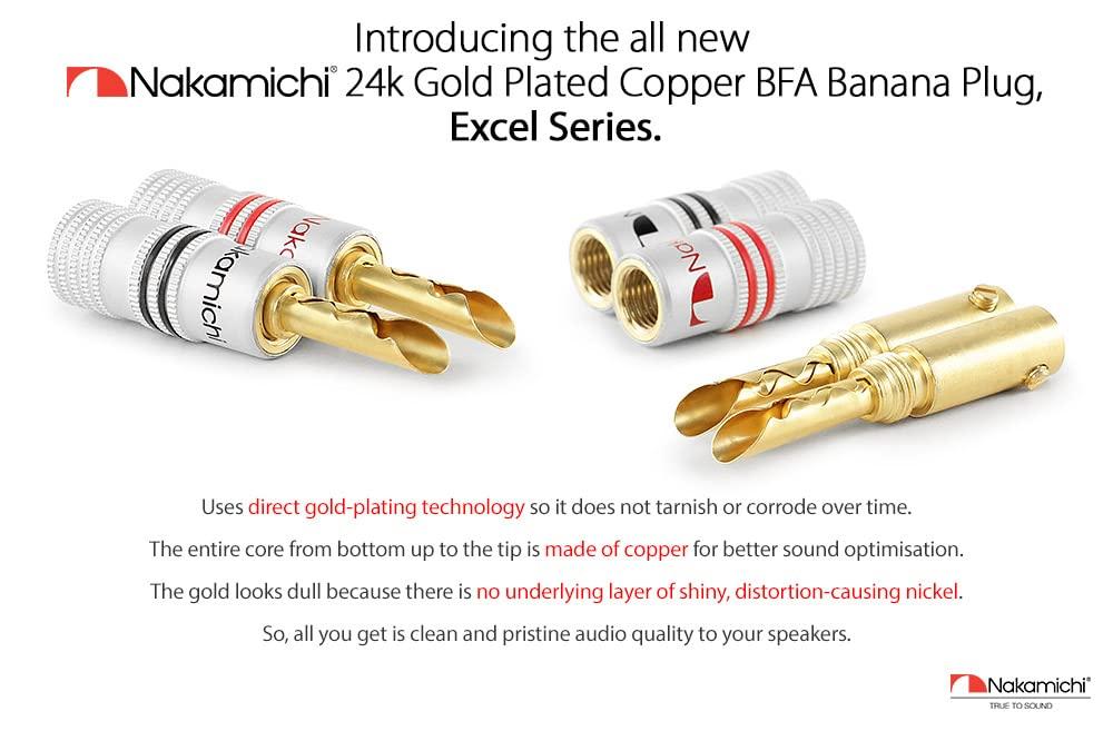 Nakamichi Excel Series 24K Gold Plated Banana Plugs 12 AWG 18 AWG Gauge Size 4mm Speaker Amplifier AV Stereo Home Theater Audio Wire Cable Screw