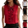 Women Sleeveless Ruffle Trim Collared Blouse Button Down Tie Neck Top Lightweight Shirt for Office or Casual Wear