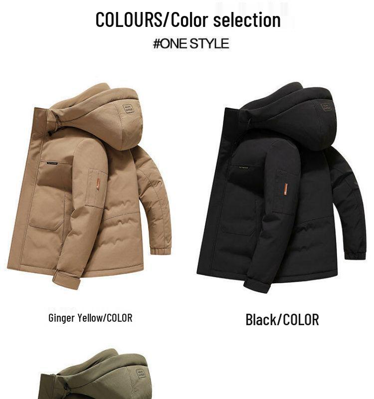 Męska Zimowa Kurtka Puchowa z Kapturem - Ciepła Odzież Wierzchnia w Kolorze Czarnym, Imbirowym, Żółtym