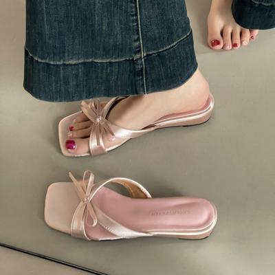Fashion French Temperament Gentle and Sweet Bow Low Heel Cool Slippers Women's 2025 Summer New One-pedal Sandals