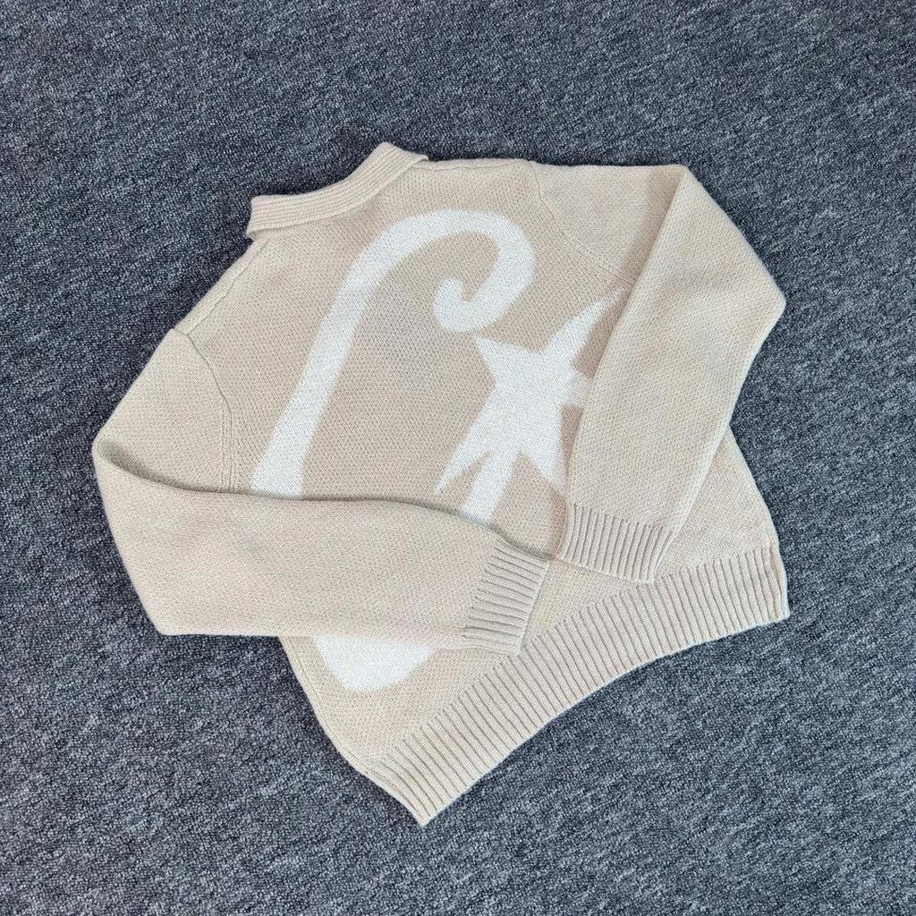 Pulover Tricotat Corteiz Alcatraz Unisex Bej cu Guler de Blană