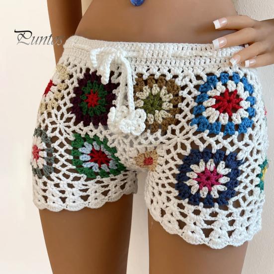 Women Crochet Beach Shorts Hollow Out Colorful Print Super Short Drawstring Elastic Waist High Waist Slim Fit Vacation Bikini Shorts