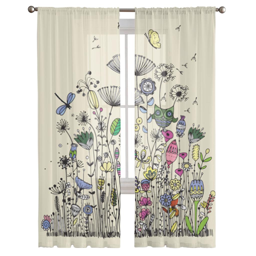 Vintage Elements Flower Sheer Curtains for Living Room Transparent Tulle Window Curtain Bedroom Kitchen Home Decor Veil Drapes