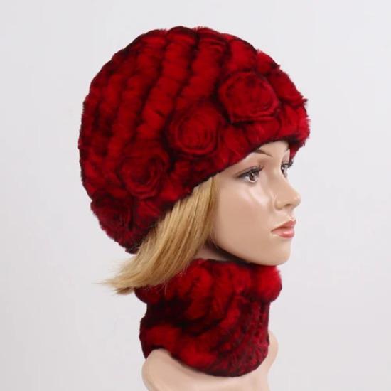 New Good Elastic Lady Winter Rex Rabbit Fur Hats Scarves Knitted Women Natural Fur Caps Scarves Sets 2 Pieces Hats Mufflers